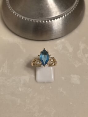 Gold CZ and Aquamarine Marquise-Cut Ring Size 6.5